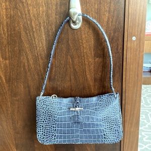 Croc Leather Longchamp Shoulder Bag in Slate Blue